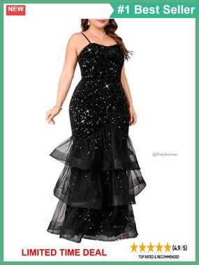 Plus Size Sequin Mesh Patchwork Maxi Dress Sleeveless Fishtail Gown
